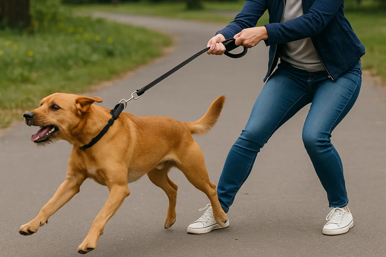 dog pulls woman and changes directions